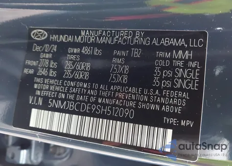 2025 Hyundai Tucson Sel from USA, damaged, VIN 5NMJBCDE9SH512090